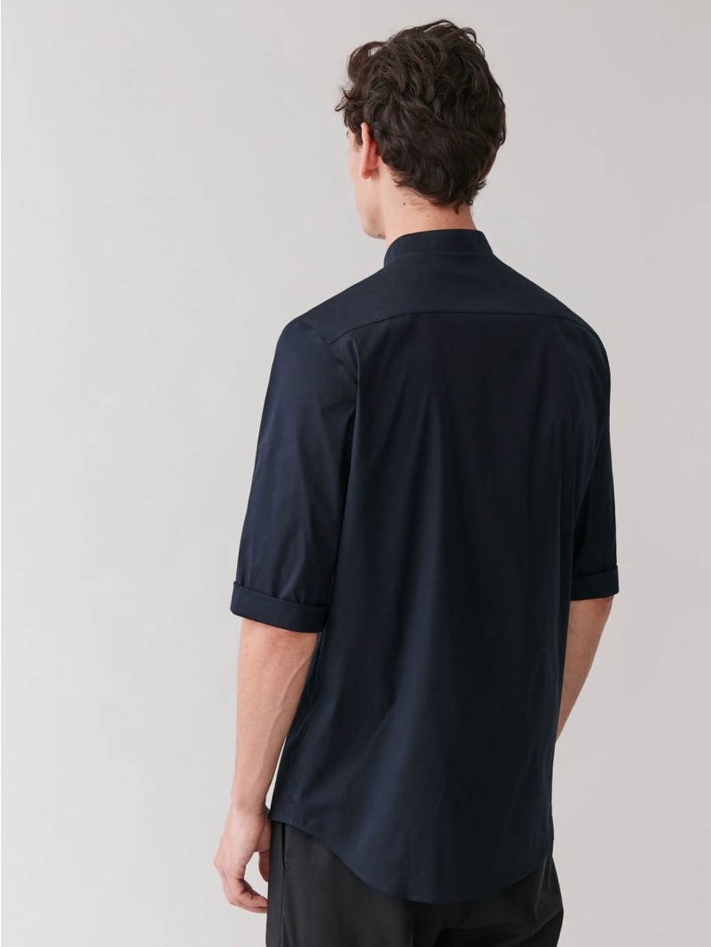 COS Navy Blue Grandad Collar Shirt Cotton Poplin Band Mandarin Collar Top Sz L - Picture 2 of 12